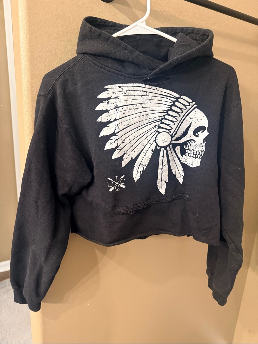 Black Cropped Hoodie with Native White Skull & Headdress